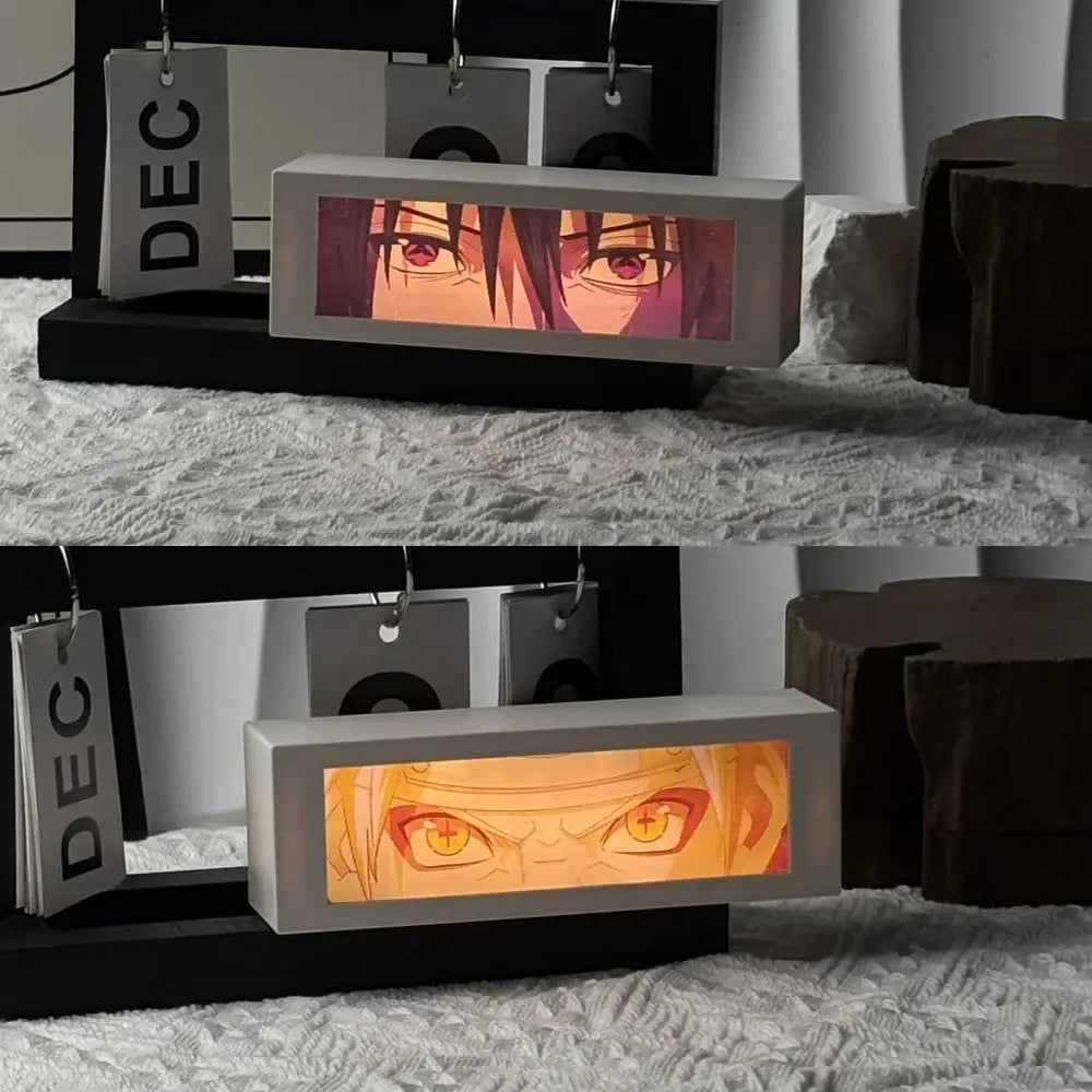 Rectangular led bedroom decor lamp featuring anime 3d motion light box with glowing orange and red eyes in white frame