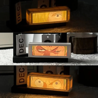 Rectangular anime 3d motion light box with glowing blonde character face in wooden frame led bedroom decor lamp