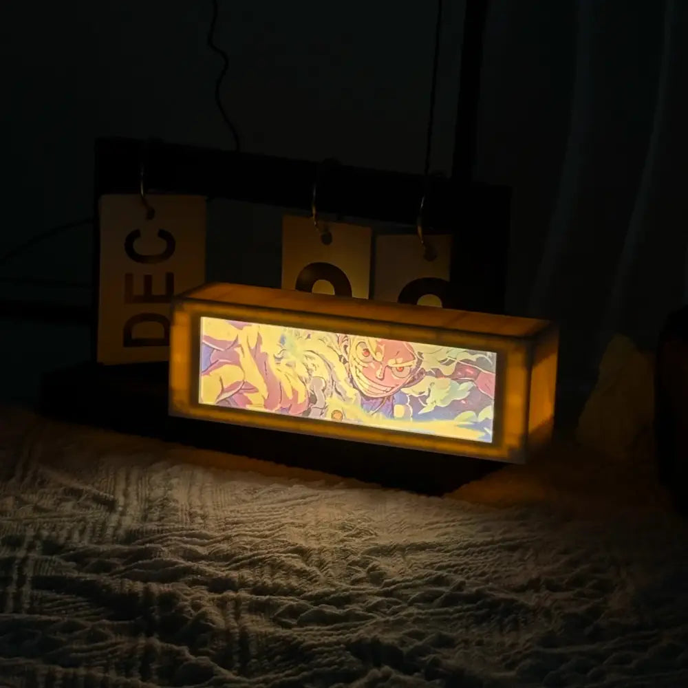 Rectangular anime 3d motion light box with glowing yellow frame and vibrant artwork for led bedroom decor lamp