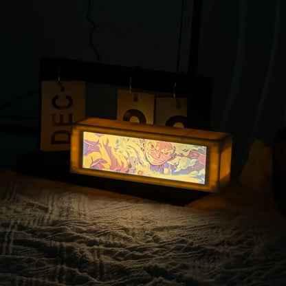 Rectangular anime 3d motion light box with glowing yellow frame and vibrant artwork for led bedroom decor lamp
