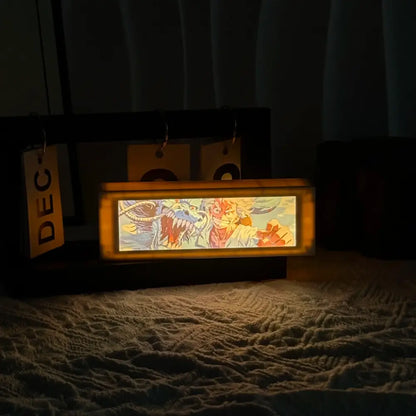 Anime 3d motion light box bedroom decor lamp with vibrant glowing characters framed by wooden border led bedroom decor