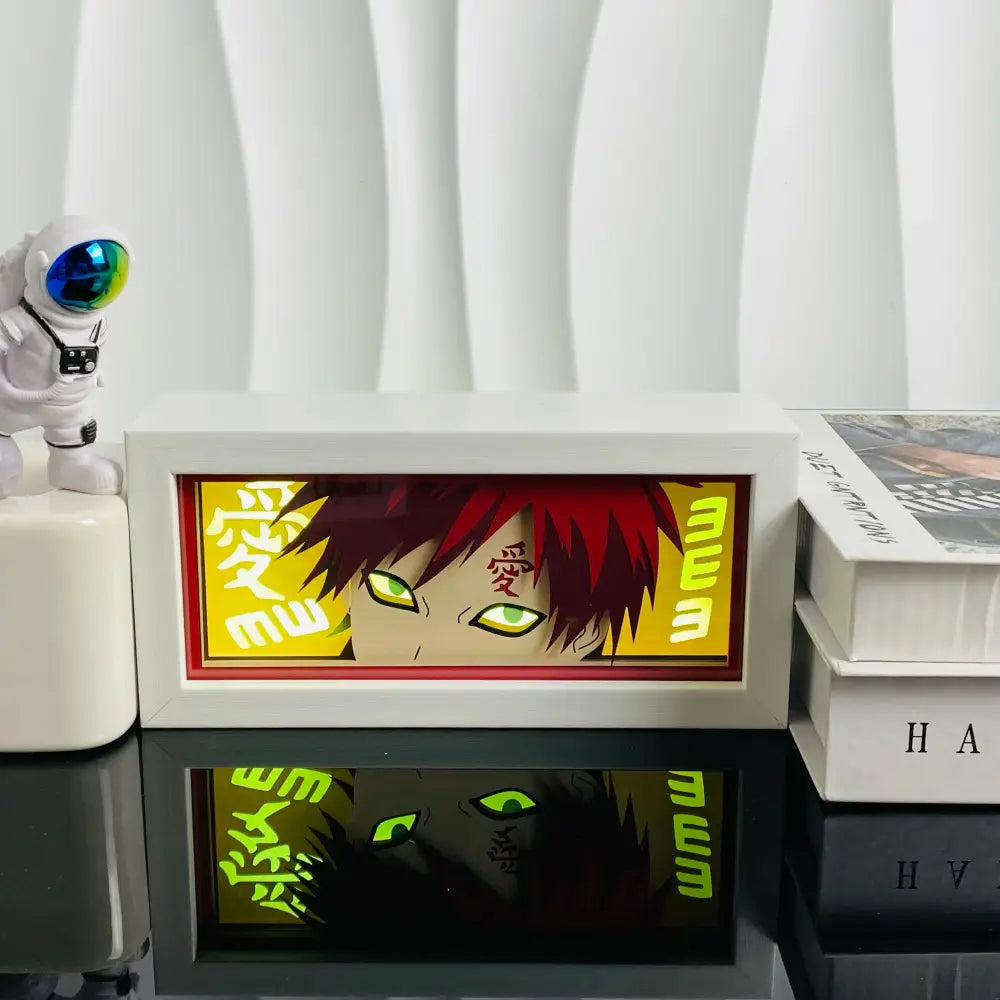 White rectangular led light box featuring a glowing red-haired anime character with green eyes on yellow background