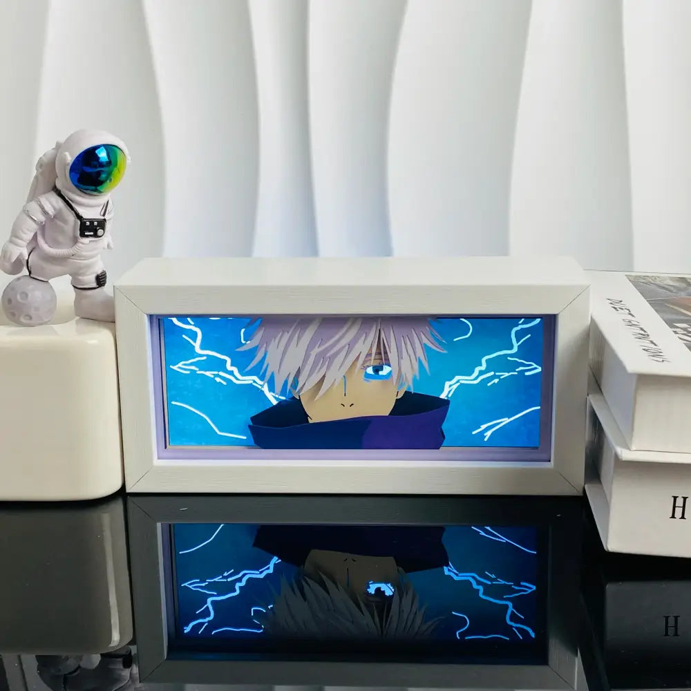 White framed anime 3d paper carved lamp led light box with glowing blue lightning design and purple hair
