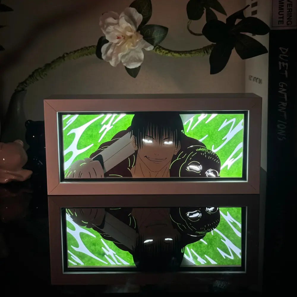 Pink-framed anime 3d paper carved lamp with led light box featuring black-haired figure and glowing green background