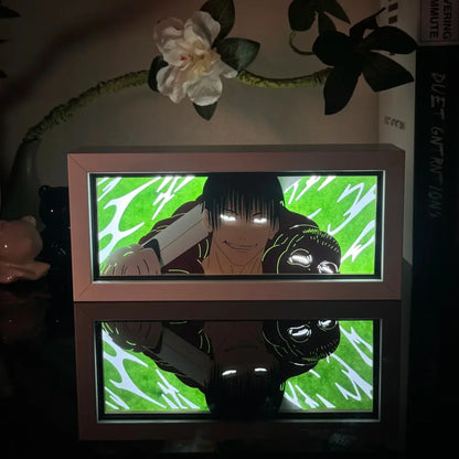 Pink-framed anime 3d paper carved lamp with led light box featuring black-haired figure and glowing green background