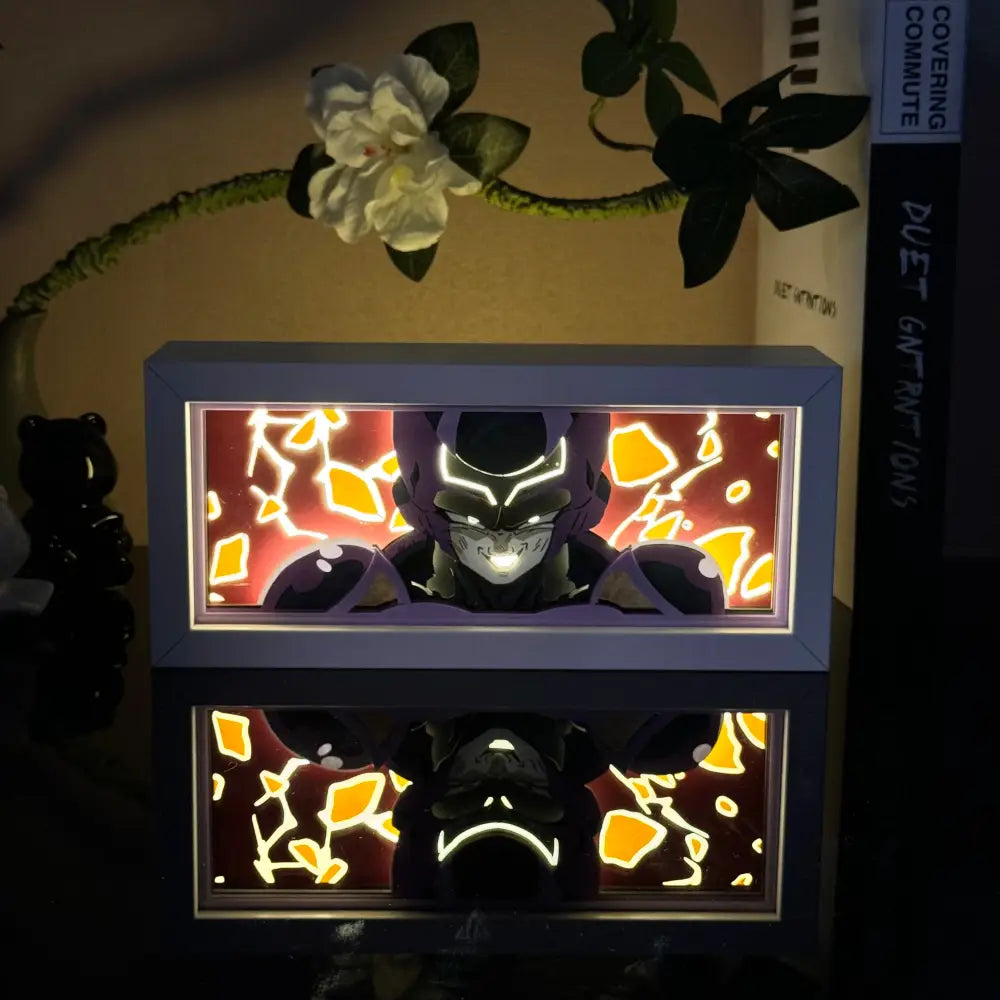 Blue-framed anime 3d paper carved lamp with illuminated stylized character and led light box red-orange background