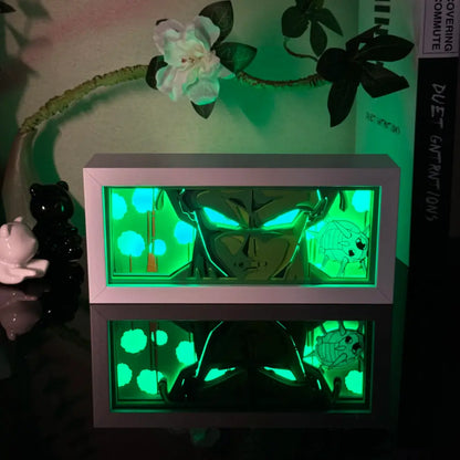Anime 3d paper carved lamp led light box with a white frame featuring a glowing green anime character and insect design