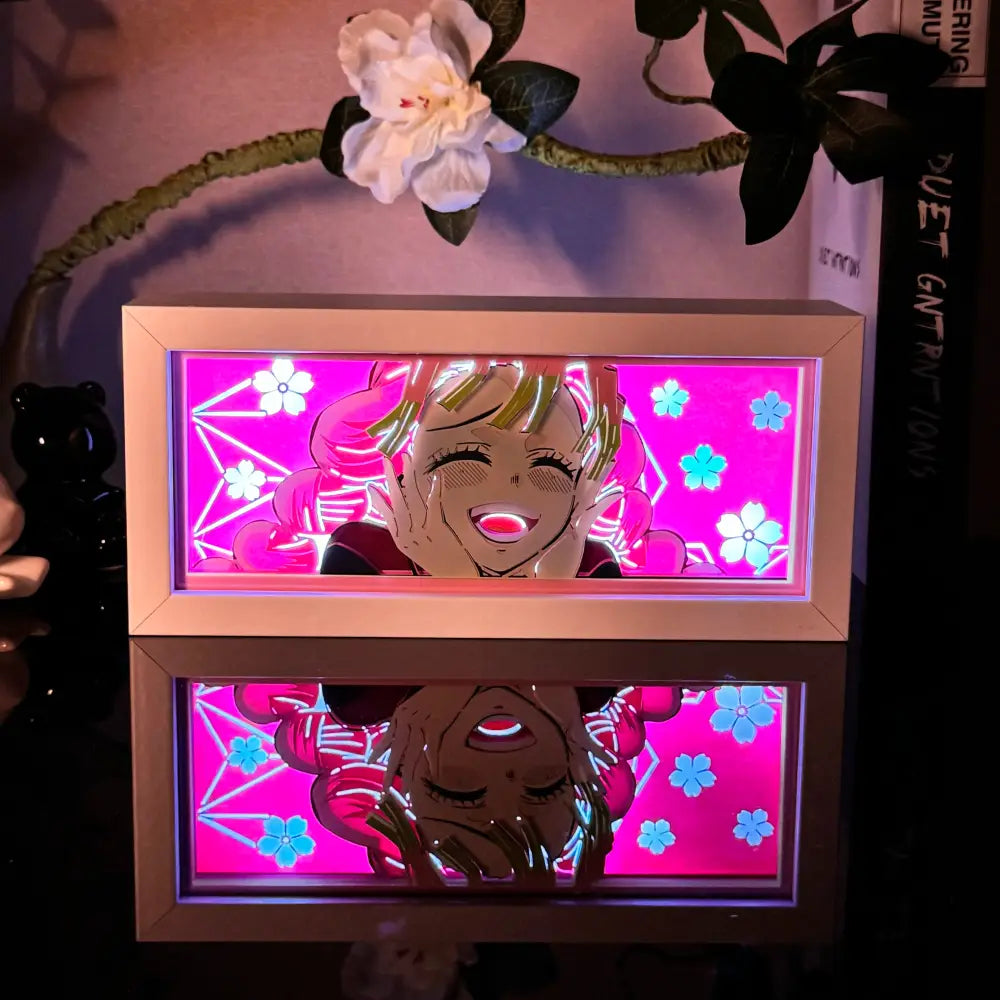 Pink illuminated anime 3D paper carved lamp with smiling character and floral design LED light box