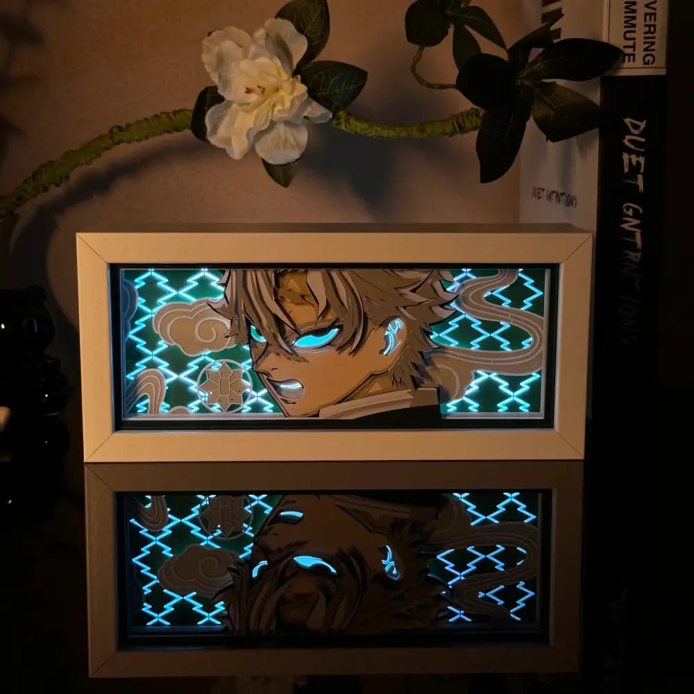 Glowing anime 3d paper carved lamp led light box with golden hair character and teal geometric pattern in white frame