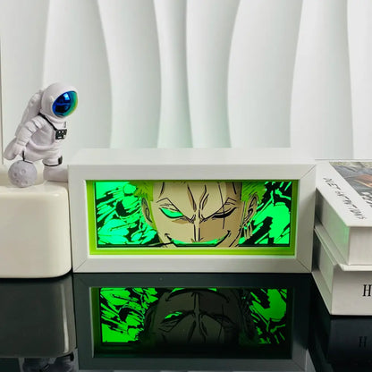 White rectangular led anime 3d paper carved lamp featuring a glowing green anime character face design