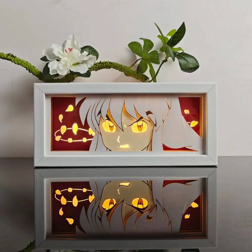 Anime 3d paper carved lamp led light box with white frame glowing yellow eyes and silver hair on red background