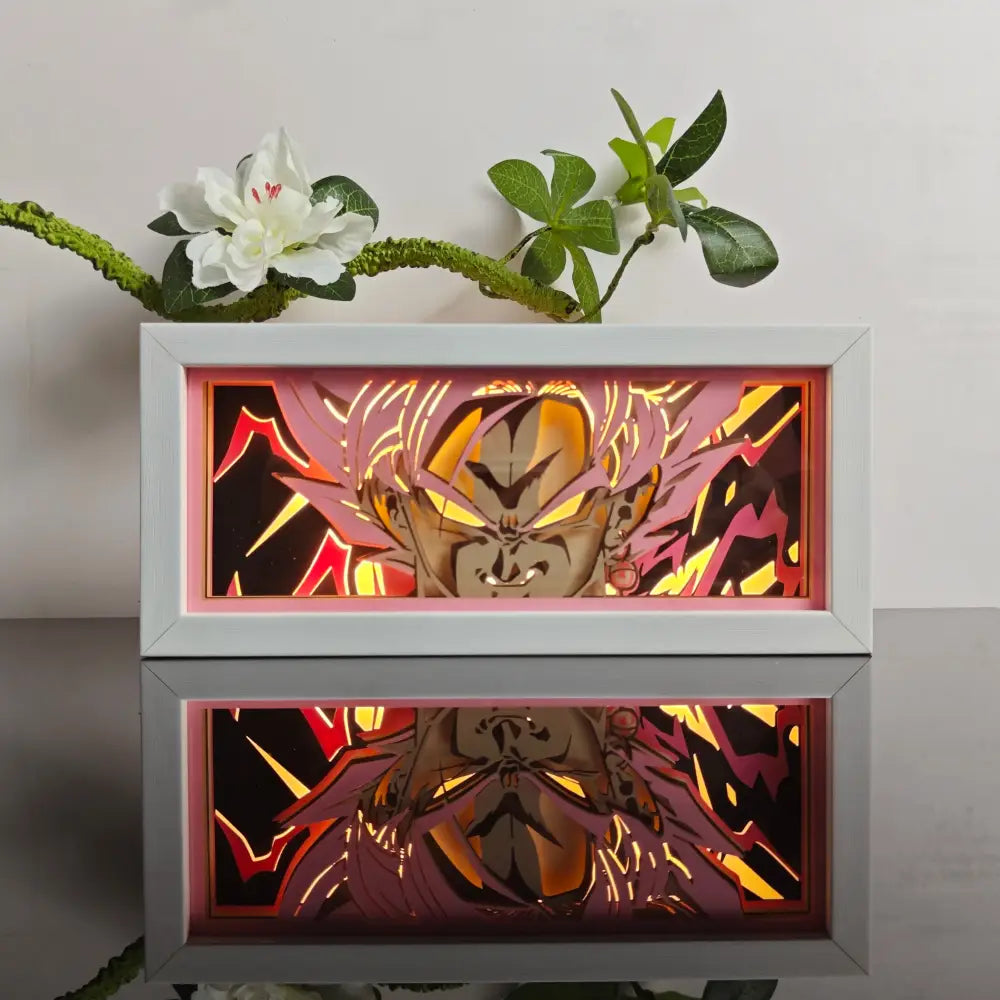 White-framed anime 3d paper carved lamp with led light box featuring glowing orange and red energy effects