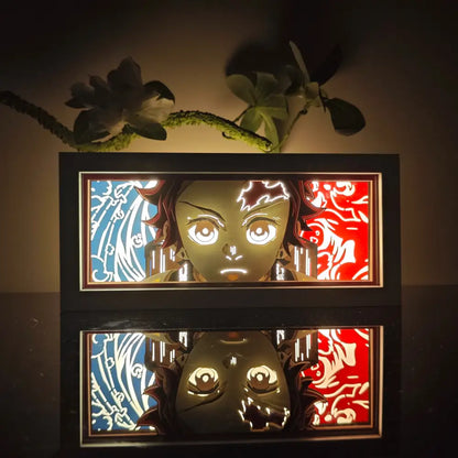 Anime 3d paper carved lamp led light box with rectangular illuminated frame and stylized anime character in blue and red