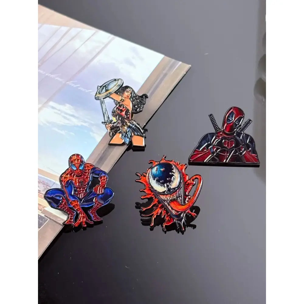 Vibrant enamel pins featuring spider-man venom deadpool and wonder woman in dynamic poses as anime badge metal lapel brooches