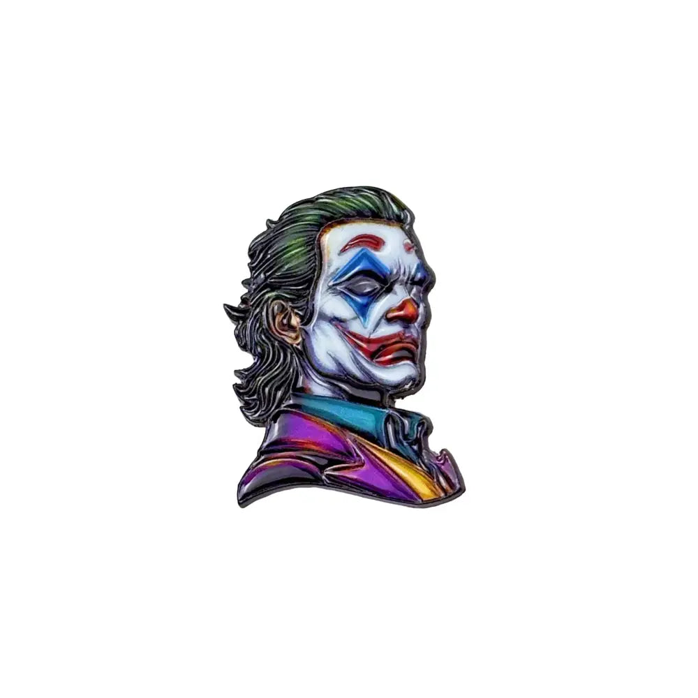 Vibrant cartoon anime enamel pin featuring joker portrait with green hair colorful face paint and purple jacket lapel brooch