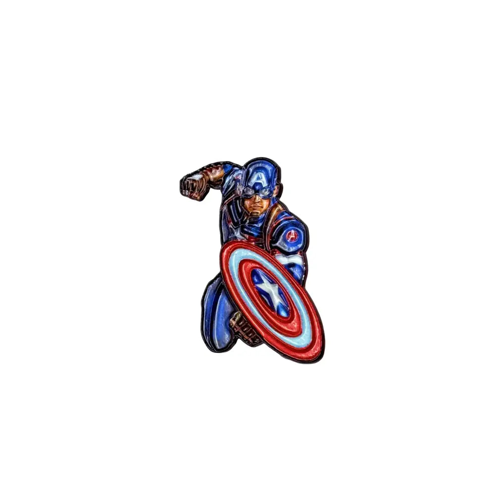 Blue and red enamel pins anime badge featuring captain america in a dynamic pose holding his iconic shield