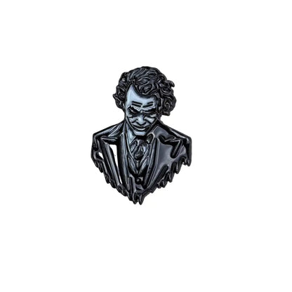 Black enamel anime badge enamel pin featuring a detailed joker bust with curly hair and a sinister grin in suit jacket