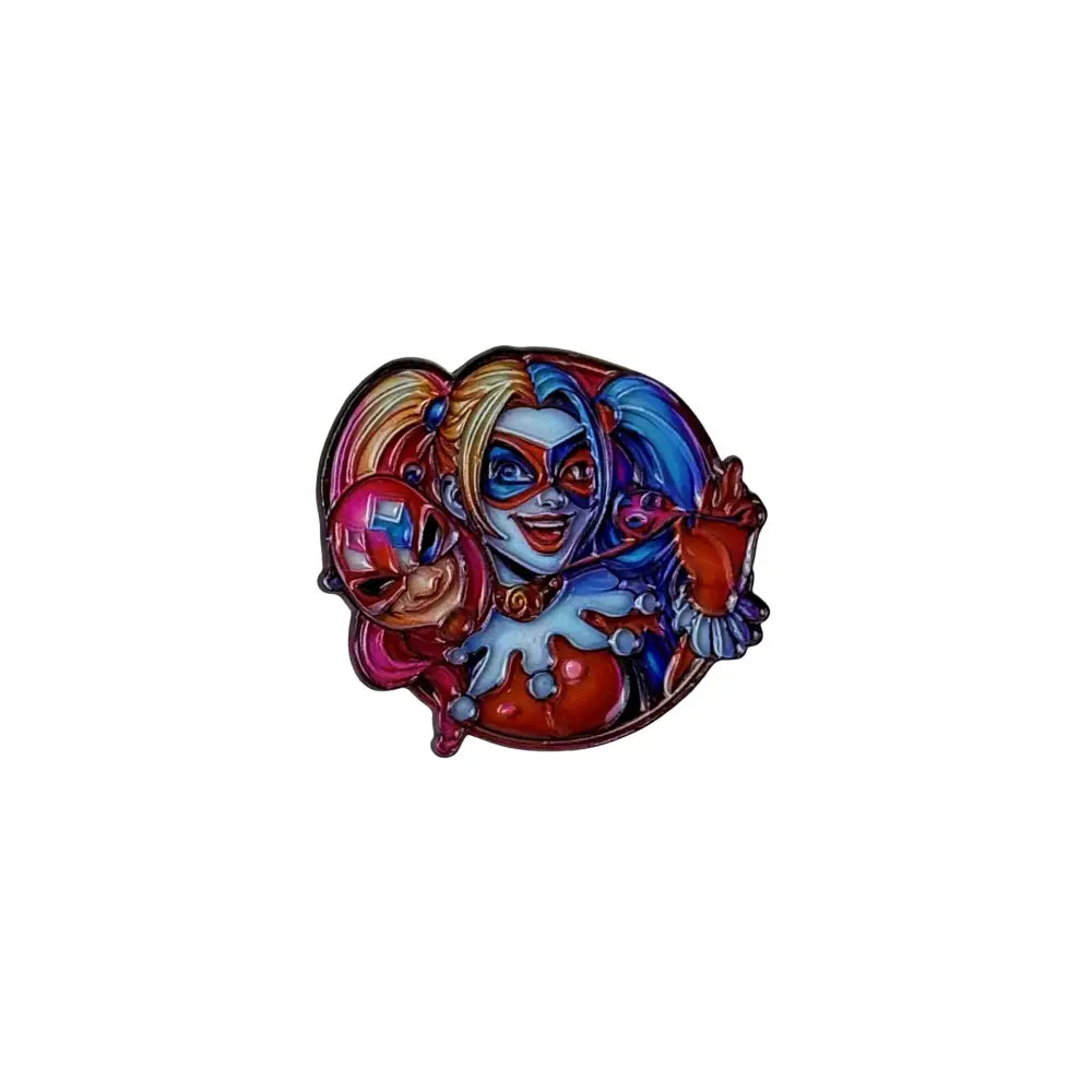 Vibrant anime badge enamel pin featuring harley quinn with colorful pigtails and playful expression on metal lapel brooch