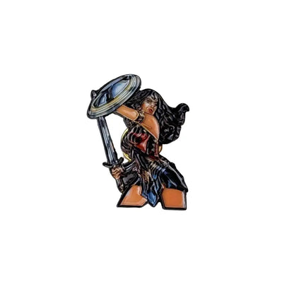 Detailed enamel pin of wonder woman in a dynamic pose with shield and sword anime badge metal lapel brooch