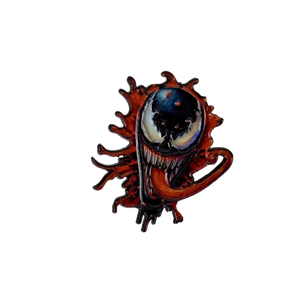 A glossy red and black enamel pin featuring venom’s menacing face with sharp teeth for anime badge collectors