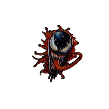A glossy red and black enamel pin featuring venom’s menacing face with sharp teeth for anime badge collectors