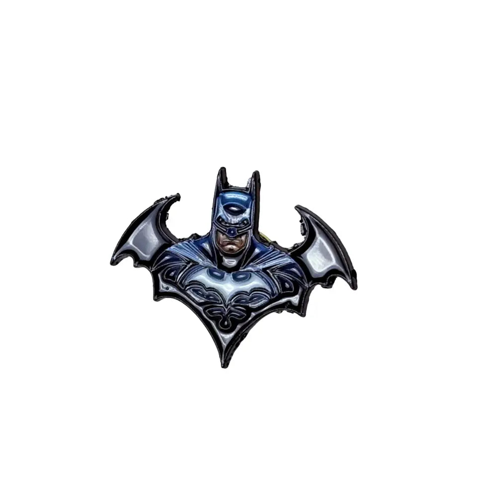 A sleek metallic batman anime badge enamel pin with blue and silver enamel accents on cowl and cape