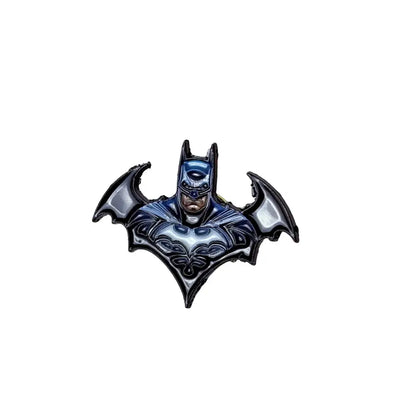 A sleek metallic batman anime badge enamel pin with blue and silver enamel accents on cowl and cape