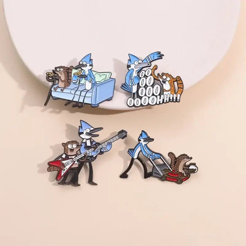 Blue and black metal enamel pins featuring regular show characters as a blue hair brooch anime blue hair accessory