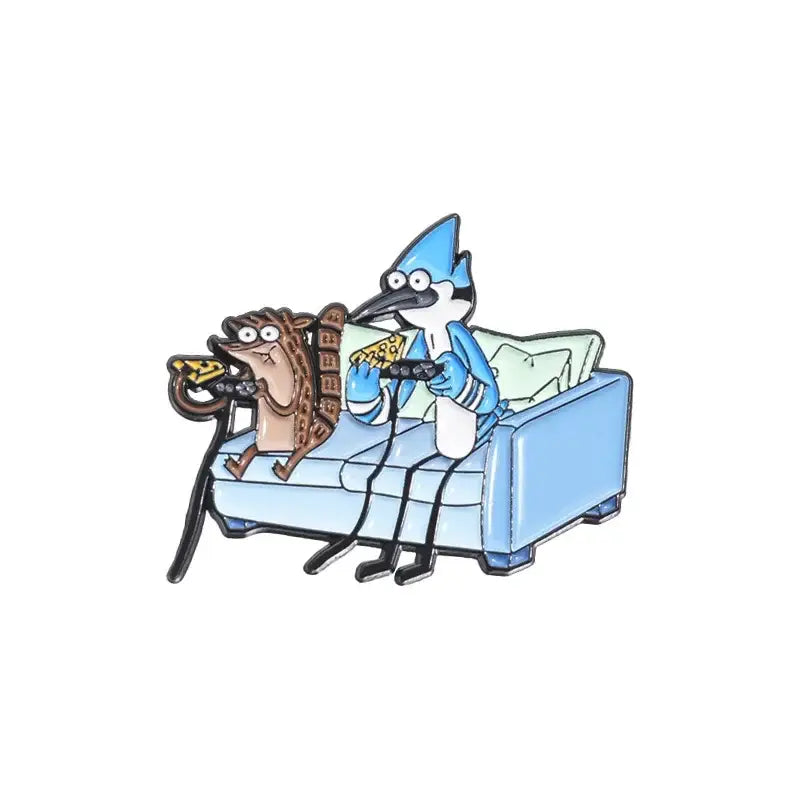 Blue and white enamel blue hair brooch featuring mordecai and rigby from regular show lounging with pizza