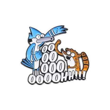 Blue and orange enamel pin featuring a surprised bird and tiger with bold white text anime blue hair brooch metal badge pin
