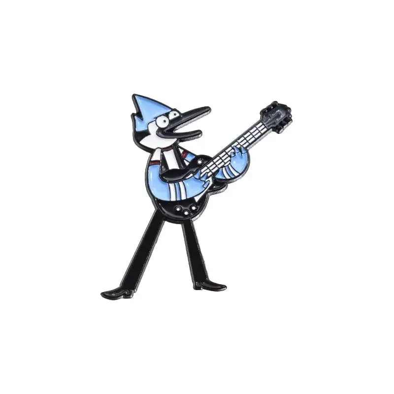 Blue and black enamel anime blue hair brooch featuring mordecai from regular show playing a guitar metal badge pin