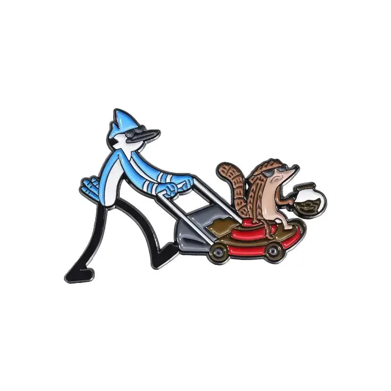 Anime blue hair brooch enamel pin featuring a blue and white character with a brown squirrel on a red lawnmower