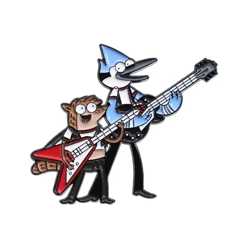Anime blue hair brooch featuring a blue and white cartoon bird with blue hair holding a black electric guitar metal badge pin