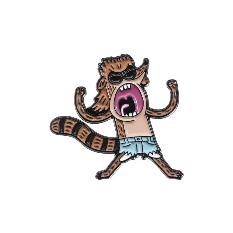 A cartoon raccoon metal badge pin with anime blue hair theme wearing sunglasses and light blue shorts as a blue hair brooch
