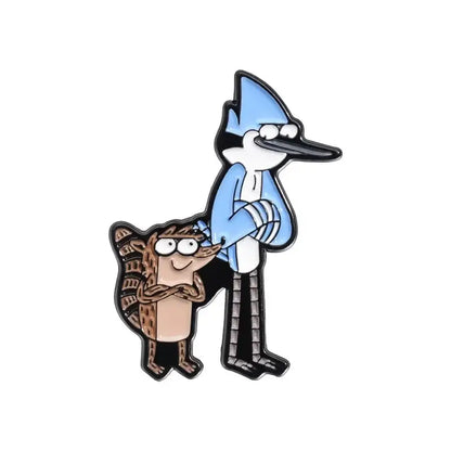 Blue and white enamel metal badge pin featuring mordecai and rigby as an anime blue hair brooch