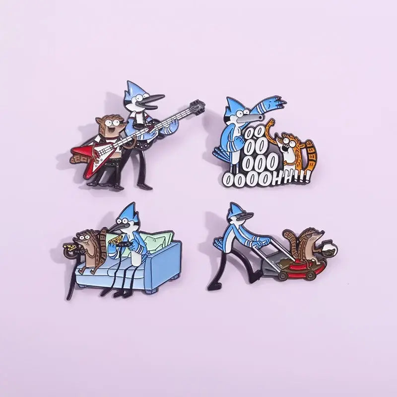 Set of four colorful enamel pins featuring anime blue hair and cartoon characters from regular show in metal badge pin style