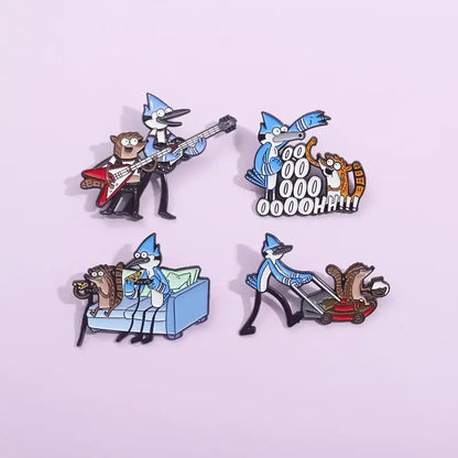 Set of four colorful enamel pins featuring anime blue hair and cartoon characters from regular show in metal badge pin style