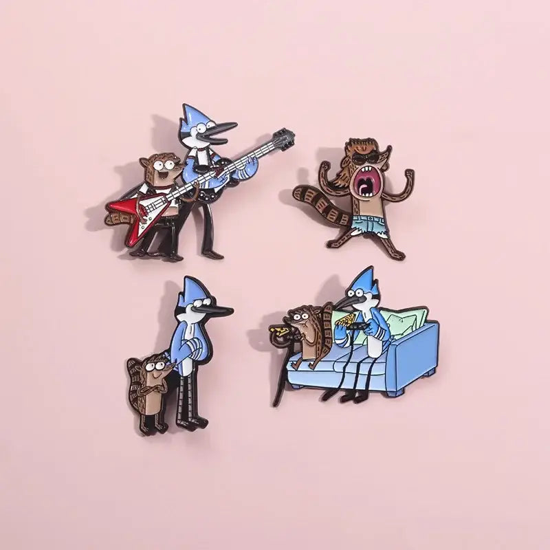 Set of four vibrant enamel pins featuring regular show characters with detailed designs and anime blue hair brooch style