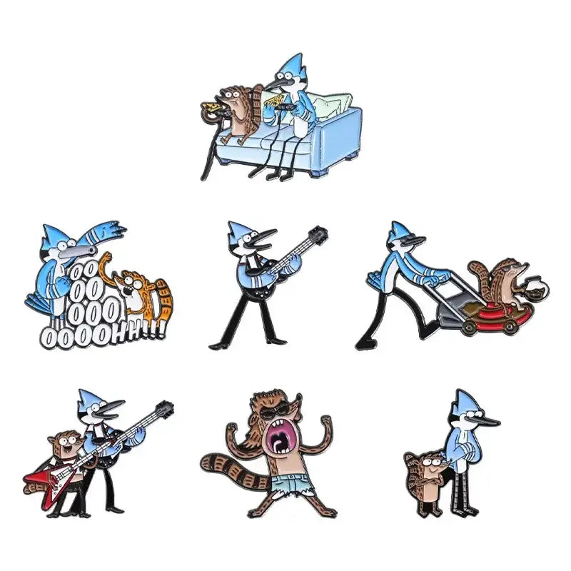 Set of seven metal enamel pins featuring regular show characters with vibrant colors and anime blue hair brooch designs