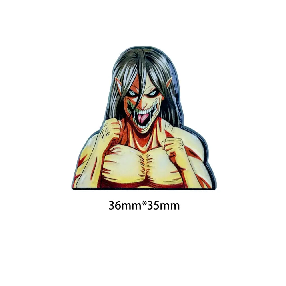 Colorful anime boy enamel pin featuring a female titan with silver hair red markings and sharp teeth fashion brooch badge