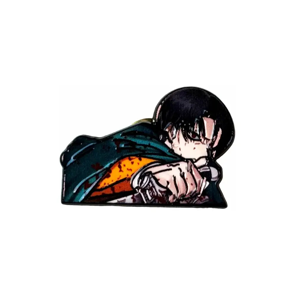 Anime boy enamel pin featuring black hair with teal cloak and orange inner garment in detailed enamel finish