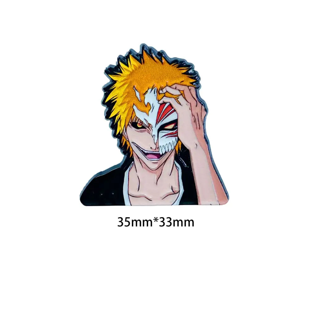 A vibrant anime boy enamel pin with spiky yellow hair and half-white half-red mask fashion brooch badge