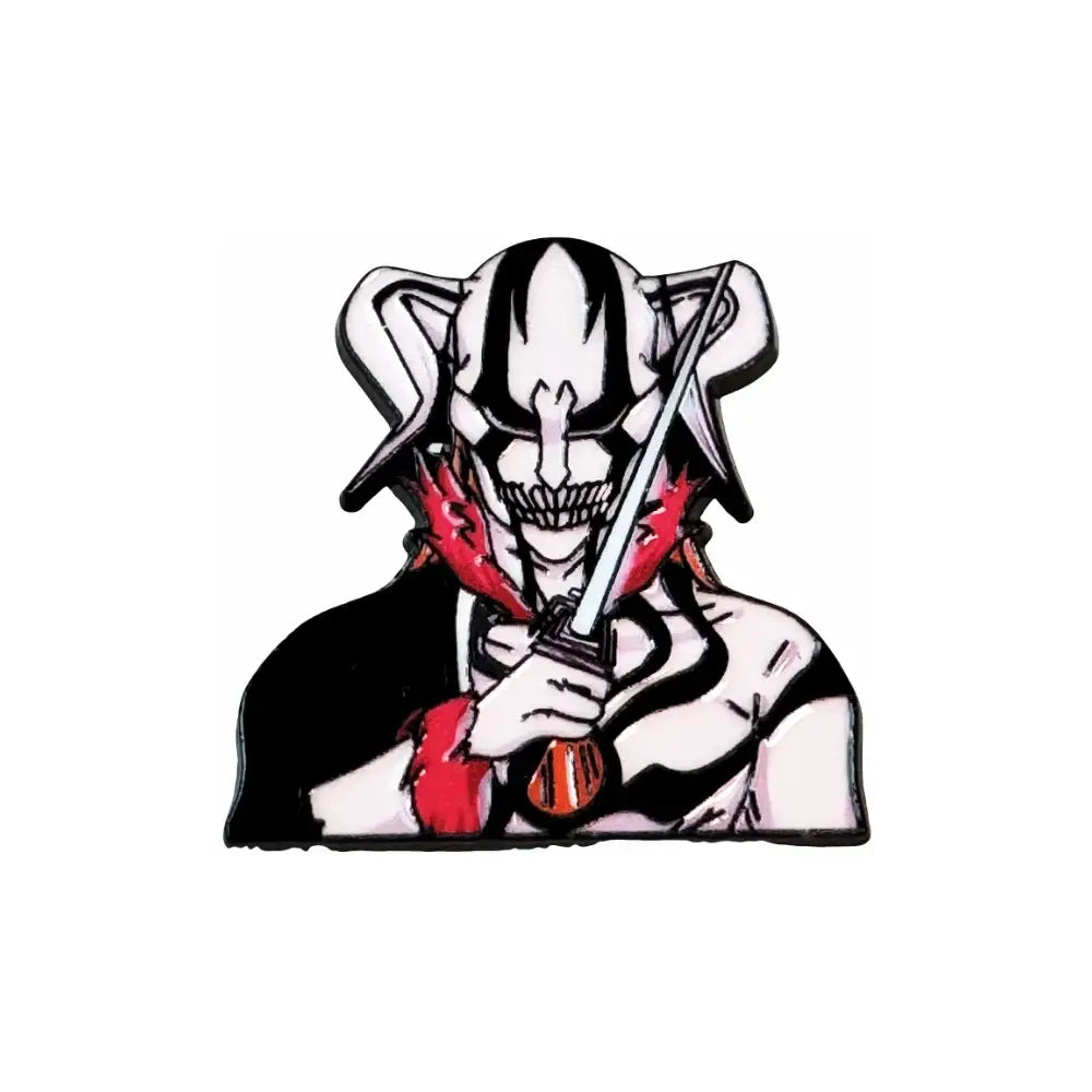 Black and white anime boy enamel pin with red accents featuring a stylized boy holding a sword fashion brooch badge