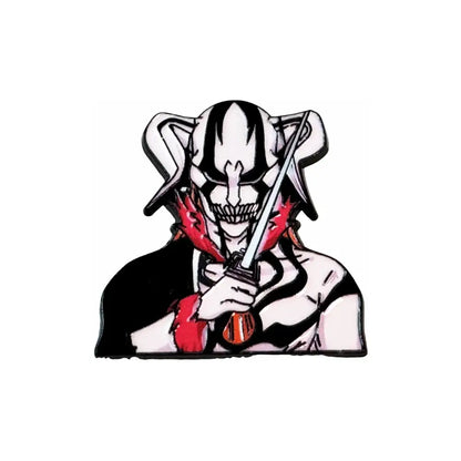 Black and white anime boy enamel pin with red accents featuring a stylized boy holding a sword fashion brooch badge