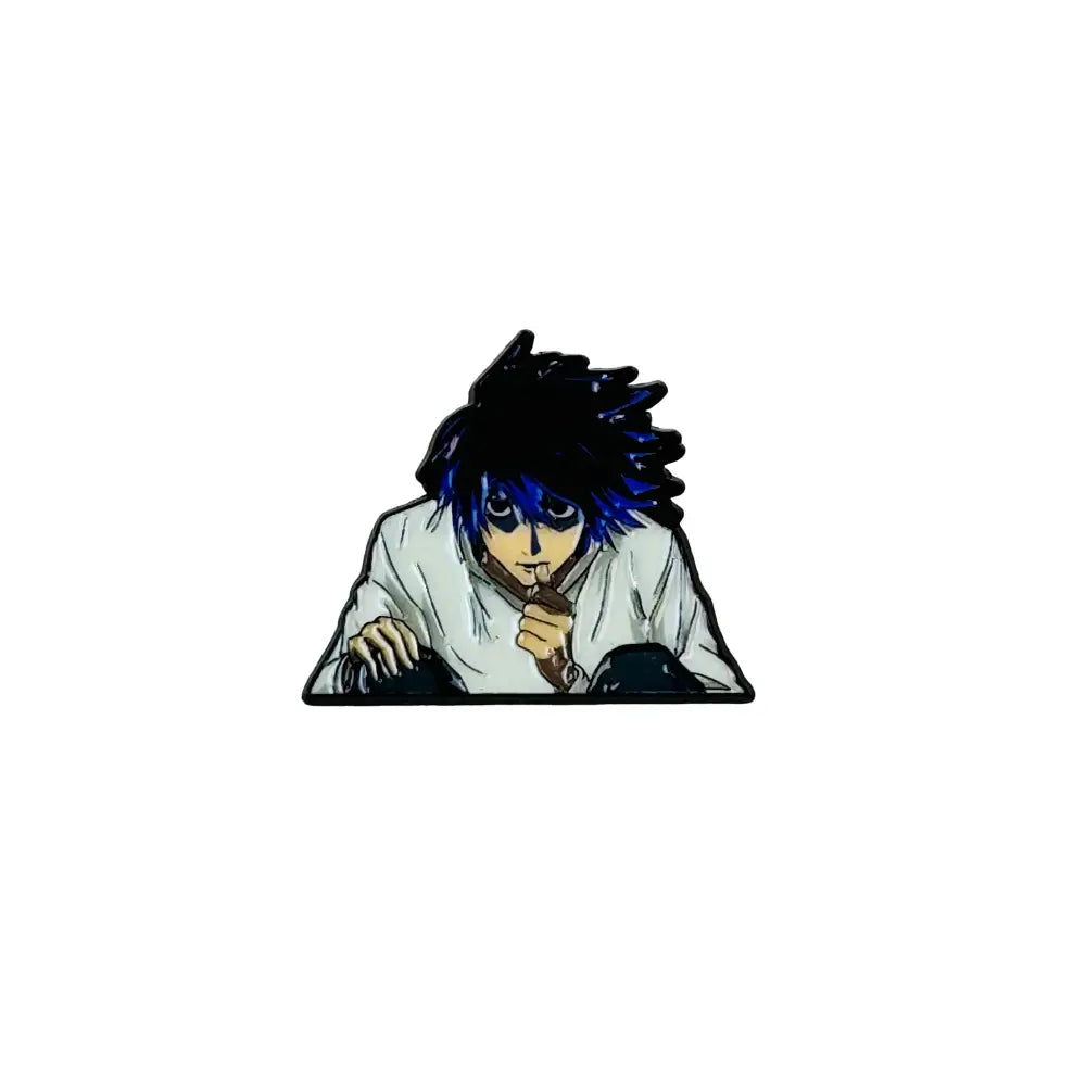 Anime boy enamel pin featuring black and blue hair and white shirt fashion brooch badge accessory