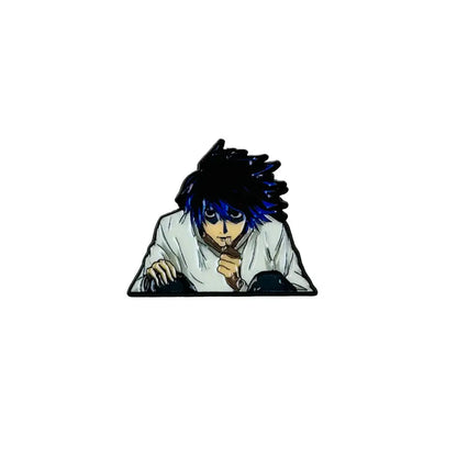 Anime boy enamel pin featuring black and blue hair and white shirt fashion brooch badge accessory