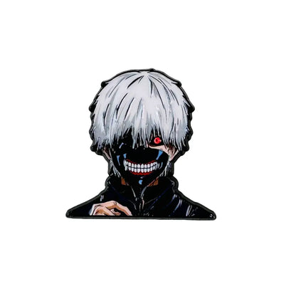 Black anime boy enamel pin with white hair red eye and wide grin fashion brooch badge accessory