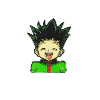 Green and black anime boy enamel pin featuring a cartoon character with spiky hair wearing a green jacket badge