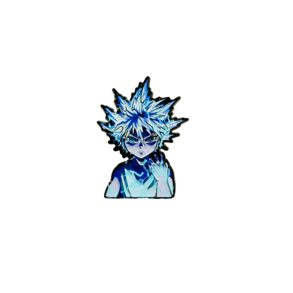 Blue and white anime boy enamel pin featuring a spiky-haired character with glowing eyes for fashion brooch badge