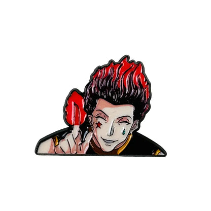 Anime boy enamel pin featuring a red-haired character with playful expression and detailed facial markings in vibrant colors